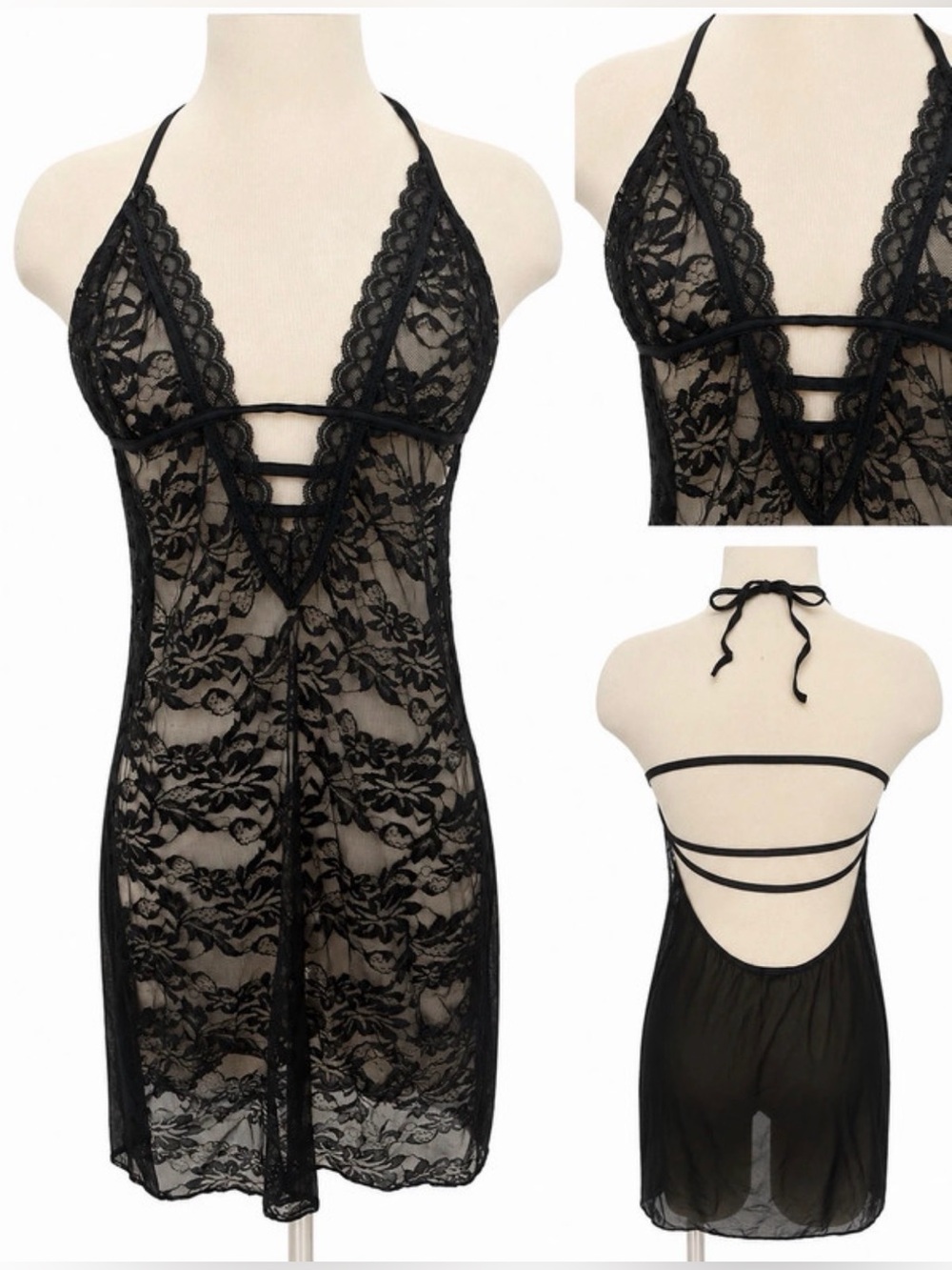 Sheer Black Lace Halter Chemise with Strappy Back